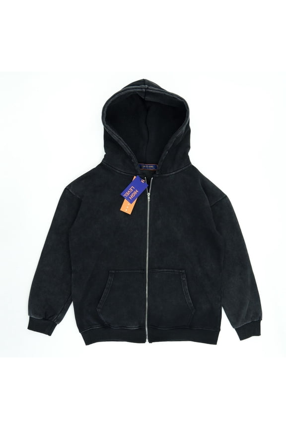 Zip-up Hoodie Black Stone Washed Vintage Men Long sleeves zip-up front Men's streetwear clothing Stonewashed Plush (2XL) (M)