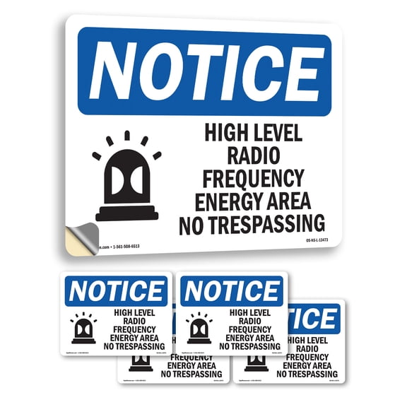 High Level Radio Frequency Energy With Symbol OSHA Notice Vinyl Decal Label 5 Inch x 3.5 Inch - 5 Pack