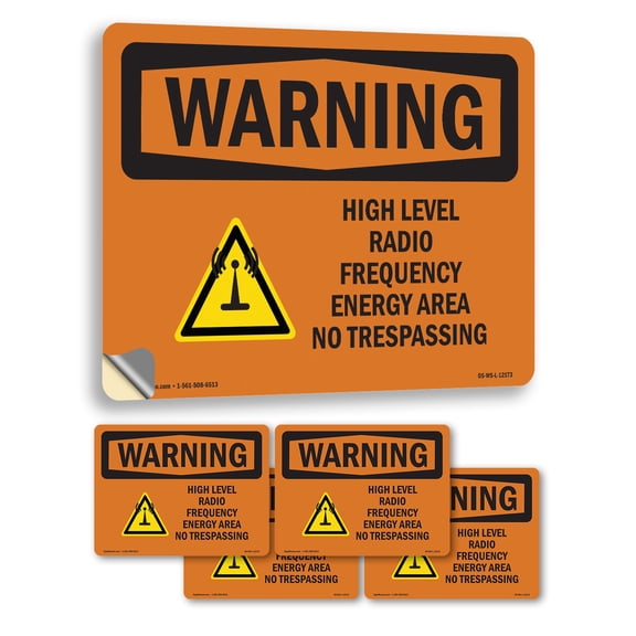 High Level Radio Frequency Energy With Symbol OSHA WARNING Vinyl Decal Label 5 Inch x 3.5 Inch - 5 Pack