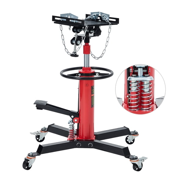 High-Lift Hydraulic Powertrain Jack – 1322 lb Capacity, Dual Plungers, 33.5-70 in. Lift Range, 360° Swivel Wheels, 30° Tilting Saddle, Foot Pedal Control – for Auto Repair & Garage, Red