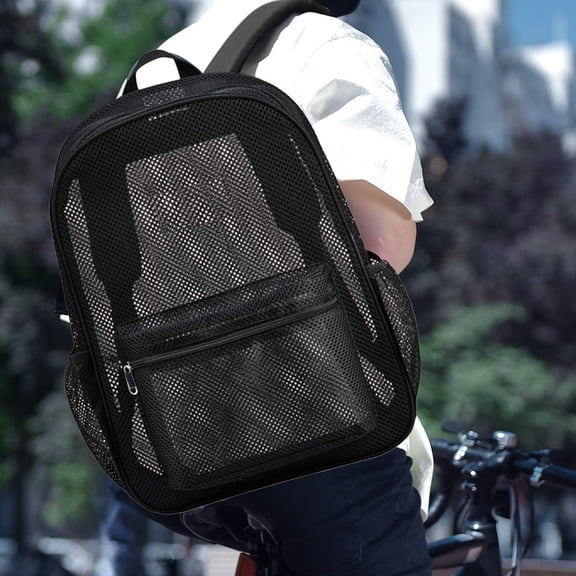 High Load Bearing Mesh Backpack | Lightweight Breathable Polyester Travel Bag | Clear Transparent Multi-Pocket School Beach Commuter Pack | 30x14x43cm | Black | Versatile Students Work Outdoor