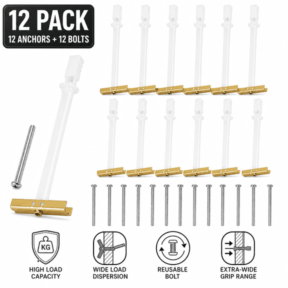 High-Load Heavy Duty 12-Pack Drywall Toggle Anchor Bolts (M6 / 1/4-20 x 170mm), Solid Metal Channel Hollow Wall Anchors for 10-92mm Thickness