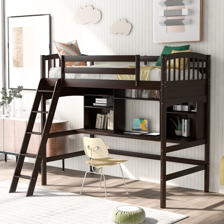 High Loft Wood Bed with Desk Loft Storage Bed with Spacious Storage Shelves Desk and Ladder