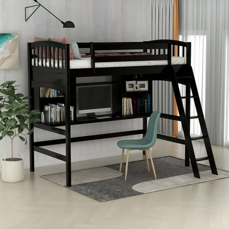 High Loft Wood Bed with Desk Loft Storage Bed with Spacious Storage Shelves Desk and Ladder