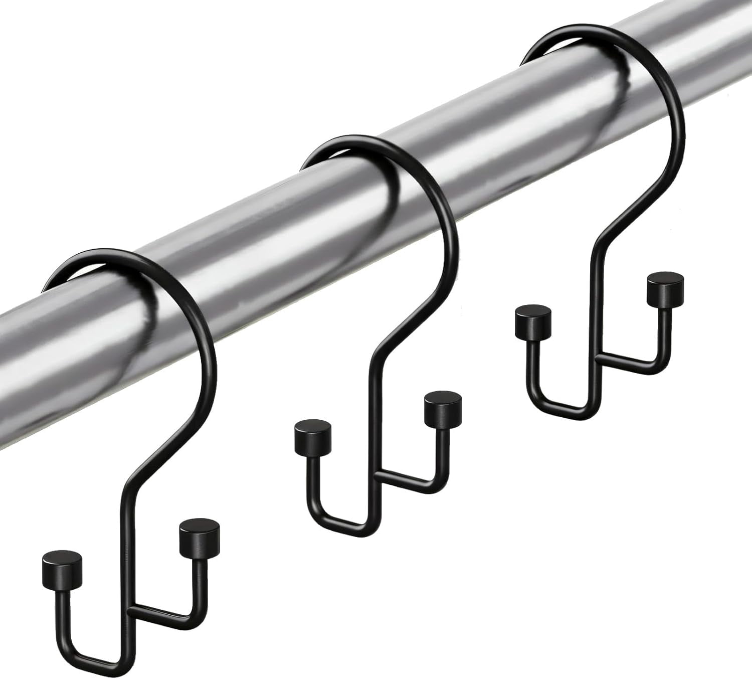 High-Low Double Shower Curtain Hooks, Bathroom Shower Curtain Rings, Separate Liner & Curtain to Prevent Tangling, Rust-Resistant Metal, Smooth Glide, 12-Pack Matte Black