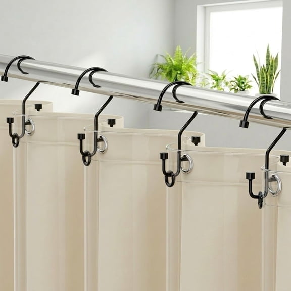 High-Low Double Shower Curtain Hooks, Bathway Bathroom Shower Curtain Rings, Separate Liner & Curtain to Prevent Tangling, Rust-Resistant Metal, Smooth Glide, 12-Pack Matte Black