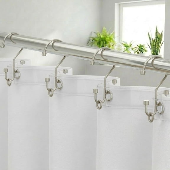 High-Low Double Shower Curtain Hooks, Bathway Bathroom Shower Curtain Rings, Separate Liner & Curtain to Prevent Tangling, Rust-Resistant Metal, Smooth Glide, 12-Pack Matte Nickel