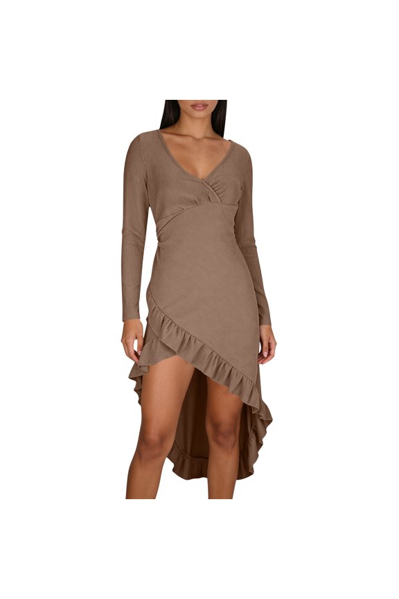 High Low Dresses for Women Deep V Neck Dress with Long Sleeve Ruffle Casual Dress Daily Date Outifts Khaki 2XL