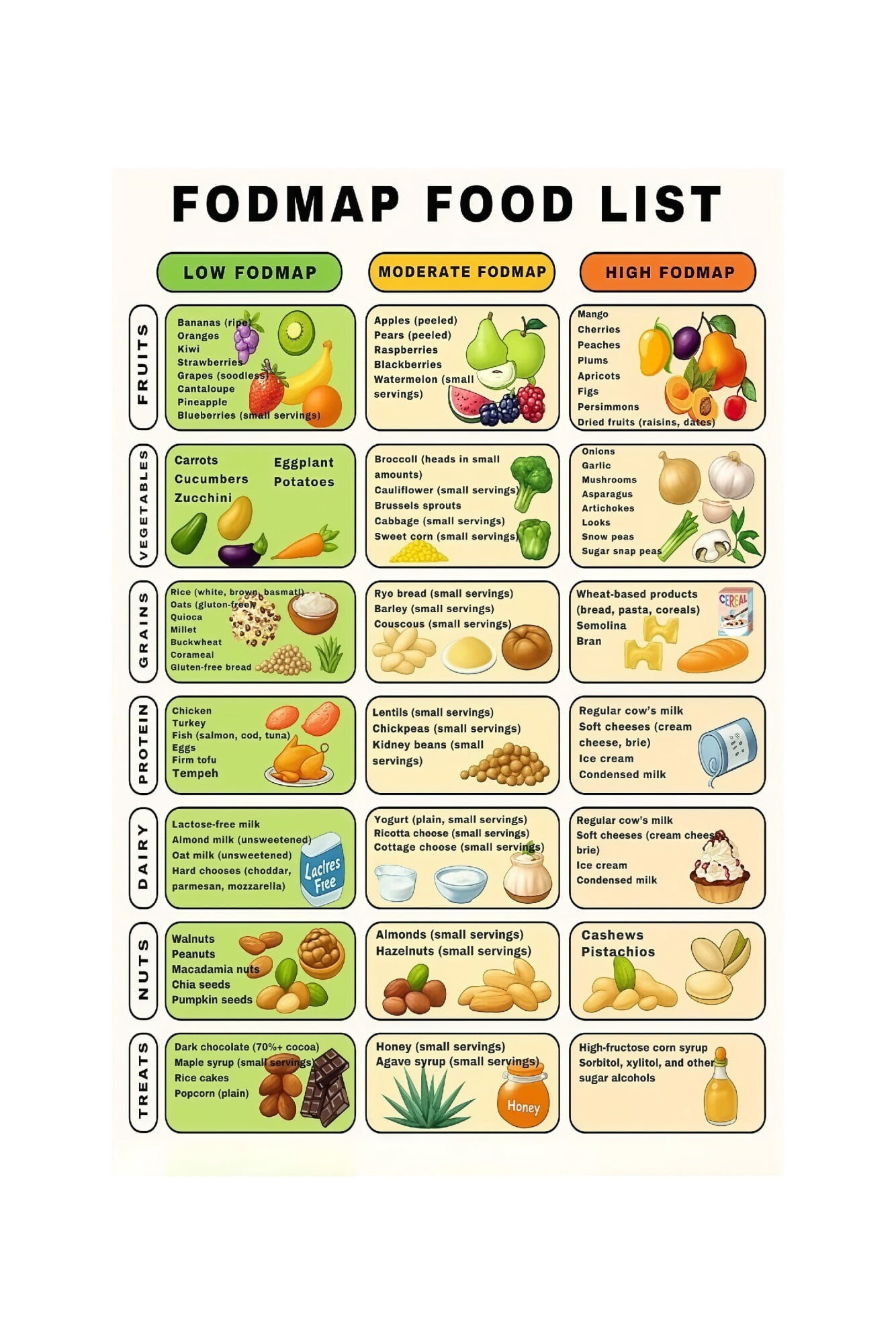 Food Map Reference High Low FODMAP Chart Poster Low FODMAP Food Guide Nutrition Reference ...
