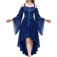 thumbnail image 1 of High Low Hem Fantasy Dress, Off Shoulder Gothic Witch High Low Dress, Flared Bell Sleeve Lace Up Renaissance Medieval Costume Dress for Halloween Cosplay Party, Navy XL, 1 of 4