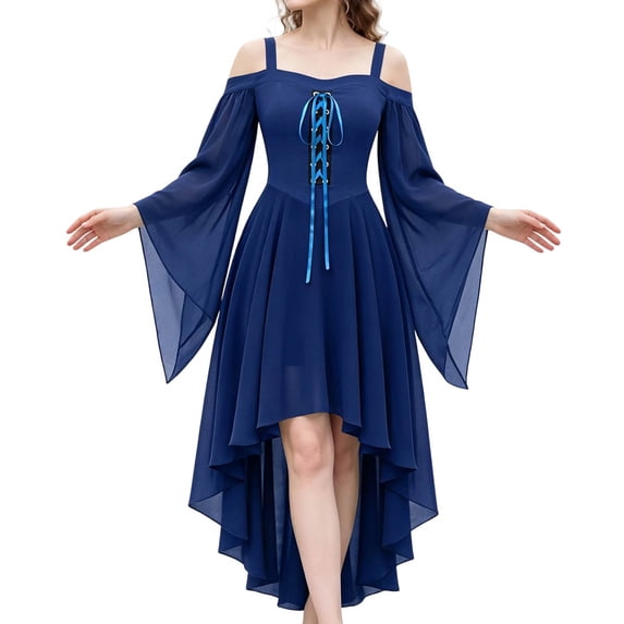 High Low Hem Fantasy Dress, Off Shoulder Gothic Witch High Low Dress, Flared Bell Sleeve Lace Up Renaissance Medieval Costume Dress for Halloween Cosplay Party, Navy XL