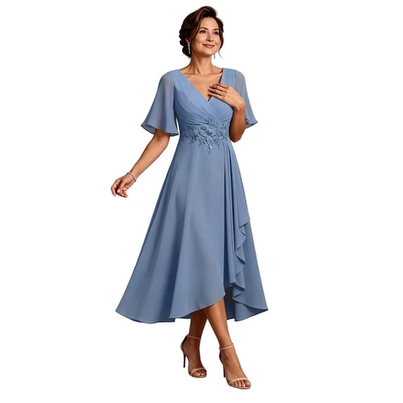 High Tea Look High Low Lace Applique Mother of the Goom Dress Flutter Sleeves Tea ...