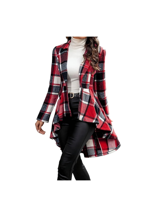 High Low Plaid Jacket for Women Elegant One Button Tuxedo Blazers Business Casual Sports Coat Fall Winter Outerwear
