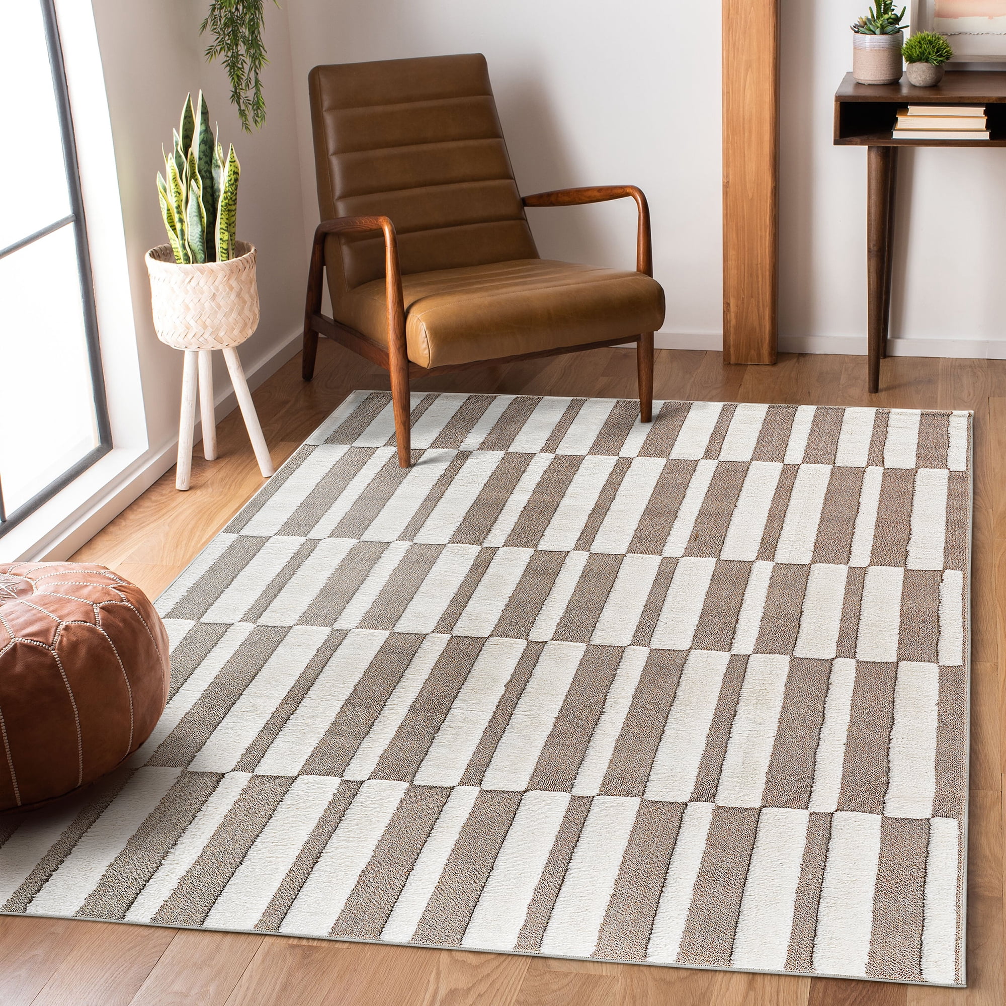 High-Low Striped Beige/Cream Indoor Area Rug 5x7ft Modern Contemporary Geometric Bohemian Non-Shedding Stain & Fade Resistant Jute Backing Rug for Bedroom Kitchen Living Room