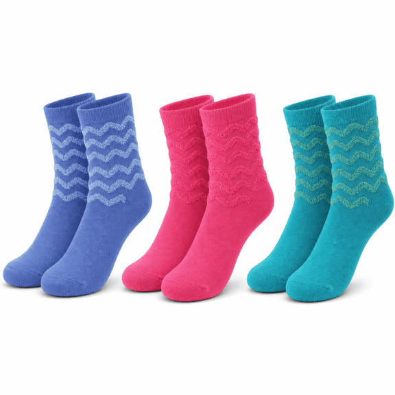 Muk Luks Girls Socks, High-Low Textured Kids Crew Socks for Girls, Chevron Pattern, L, 3 Pack