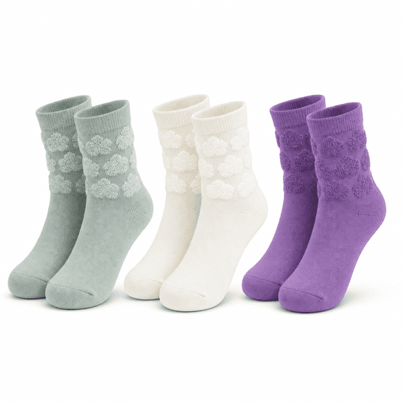 Muk Luks Girls Socks, High-Low Textured Kids Crew Socks for Girls, Cloud Pattern, L, 3 Pack