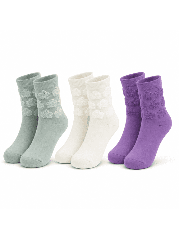Girls Socks, High-Low Textured Kids Crew Socks for Girls, Cloud Pattern, L, 3 Pack