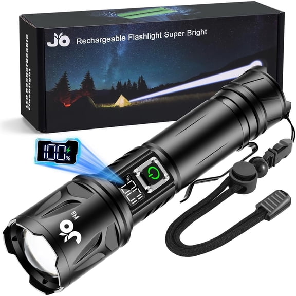 High Lumen Flashlight - 100000 Lumens, 5000mAh with LCD Display, Zoomable Long Beam (3000m), IP67 , 5 Modes & Belt Clip - for Camping, Walking