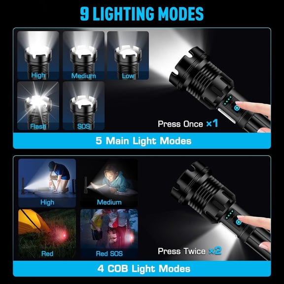 High Lumens Flashlights Rechargeable with COB Work Light Super Bright LED Flashlight Zoomable&14 Modes &Waterproof Tactical Flashlight for Emergencies,Camping,Hiking,Outdoor,Indoor