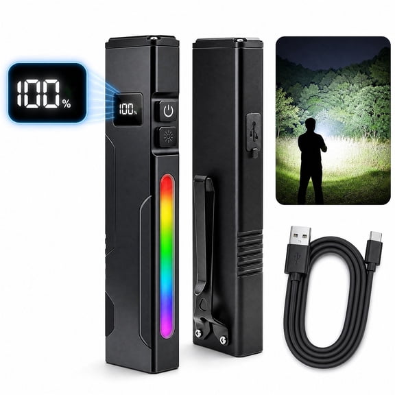 Rechargeable Flat EDC Flashlight, 1000LM, IPX4, UV Light, Pocket Clip, Portable Work 10 Modes Light for Outdoor, Emergency