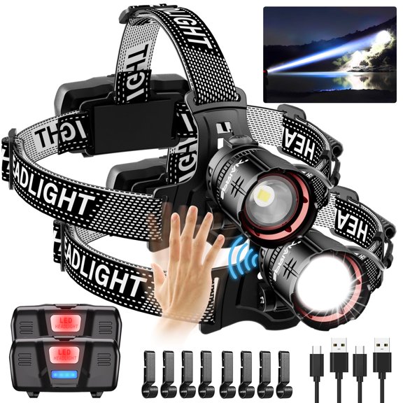 High Lumens LED Headlamp& 100H Using Time, USB Rechargeable Head lamp, 90 Adjustable Widebeam Motion Sensor Head Light with 5 Modes,Zoomable for Camping Running Hiking Hard Hat Headlamps 2pc