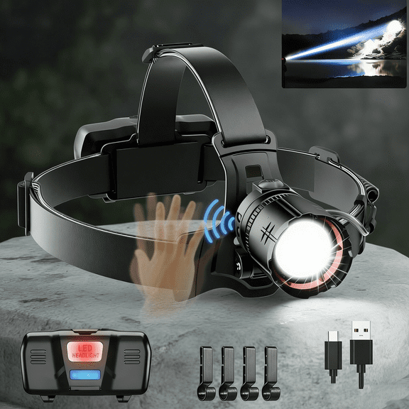 High Lumens LED Headlamp, USB Rechargeable Head Lamp, 90 Adjustable Widebeam Motion Sensor Head Light with 5 Modes, Zoomable for Camping Running Hiking, Hard Hat Headlamps