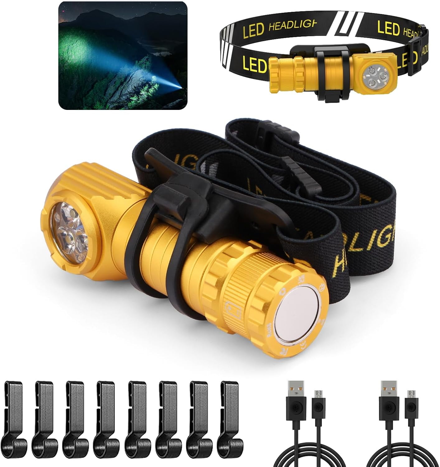 High Lumens LED Rechargeable Headlamp for Adults - Hard Hat Light Running Head Lamp with Red Light, Magnet, 180° Tilt, 7 Modes, Detachable Flashlight & Headband, Outdoor, Emergency 2PC, Gold