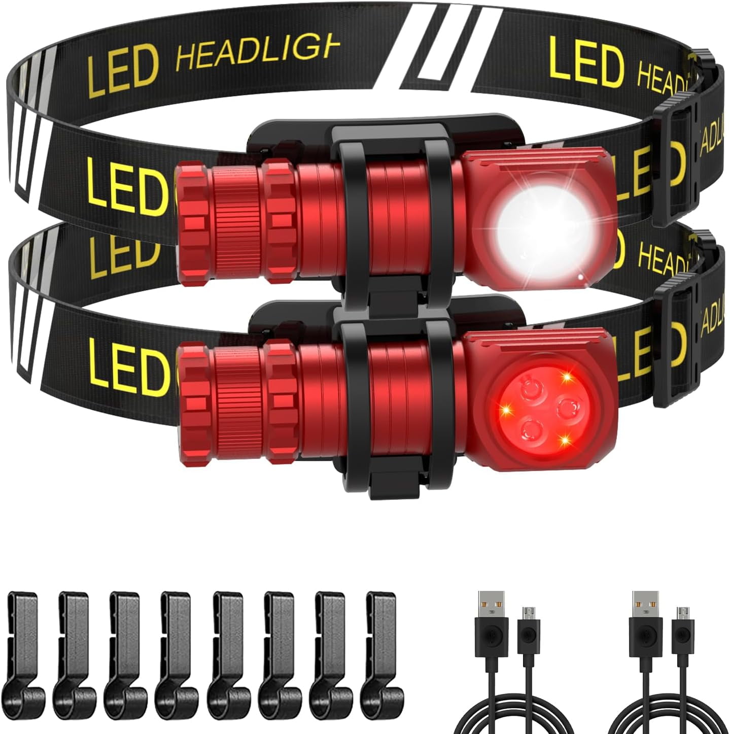 High Lumens LED Rechargeable Headlamp for Adults - Hard Hat Light Running Head Lamp with Red Light, Magnet, 180° Tilt, 7 Modes, Detachable Flashlight & Headband, Outdoor, Emergency Use 2PC Red
