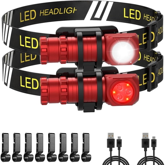 High Lumens LED Rechargeable Headlamp for Adults - Hard Hat Light Running Head Lamp with Red Light, Magnet, 180 Tilt, 7 Modes, Detachable Flashlight & Headband, Outdoor, Emergency Use 2PC Red