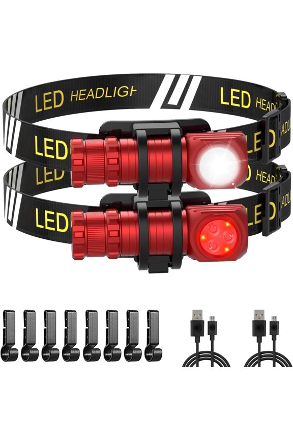 High Lumens LED Rechargeable Headlamp for Adults - Hard Hat Light Running Head Lamp with Red Light, Magnet, 180 Tilt, 7 Modes, Detachable Flashlight & Headband, Outdoor, Emergency Use 2PC Red