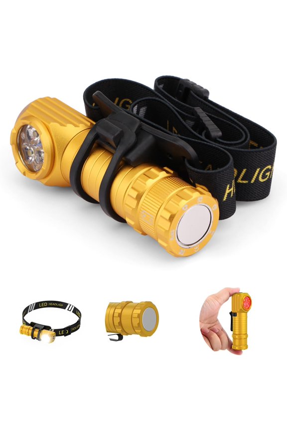High Lumens LED Rechargeable Headlamp for Adults - Hard Hat Light Running Head Lamp with Red Light, Magnet, 180 Tilt, 7 Modes, Detachable Flashlight & Headband, Outdoor, Emergency 1PC, Gold