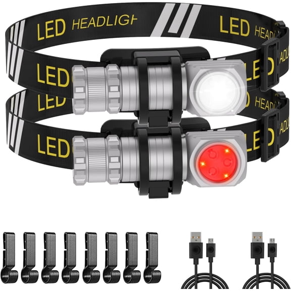 High Lumens LED Rechargeable Headlamp for Adults - Hard Hat Light Running Head Lamp with Red Light, Magnet, 180 Tilt, 7 Modes, Detachable Flashlight & Headband, Outdoor, Emergency 2PC, Silver