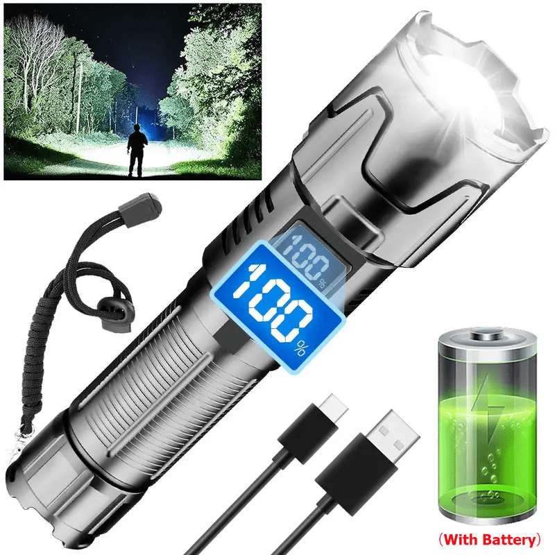 High Lumens Rechargeable Tactical Flashlight with Digital Power Display and Power Bank Function, 3Modes Super Bright Waterproof LED Zoom Flashlight for Camping, Hiking (Included 26650 Battery)