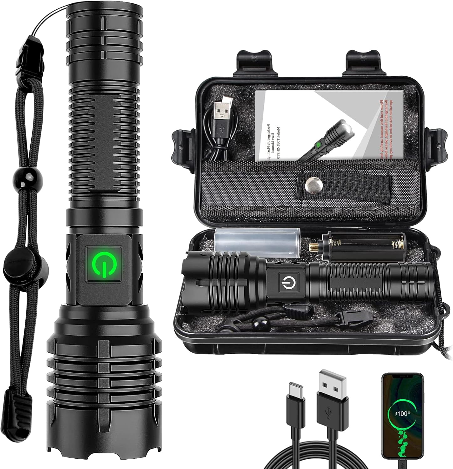 Banral High Lumens USB Rechargeable LED Flashlight, IPX6 Waterproof ...