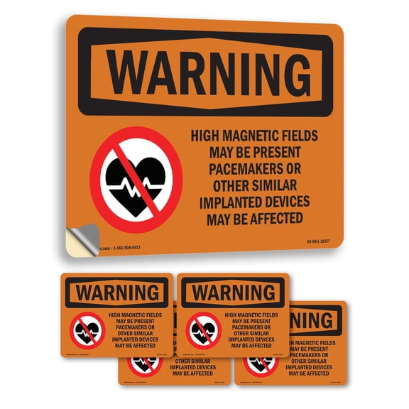 High Magnetic Fields Pacemakers OSHA WARNING Vinyl Decal Label 5 Inch x 3.5 Inch - 5 Pack