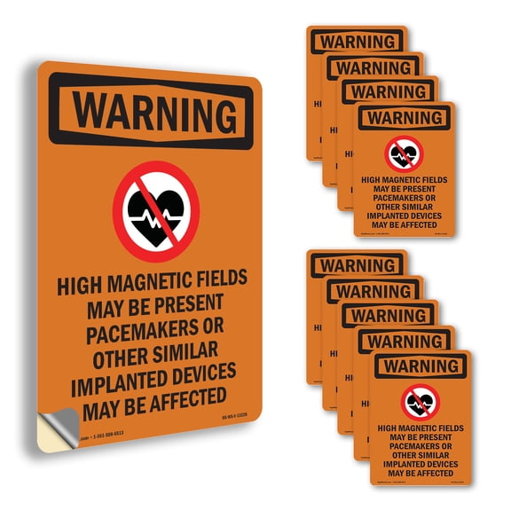 High Magnetic Fields With Symbol OSHA WARNING Vinyl Decal Label 14 Inch x 10 Inch - 10 Pack