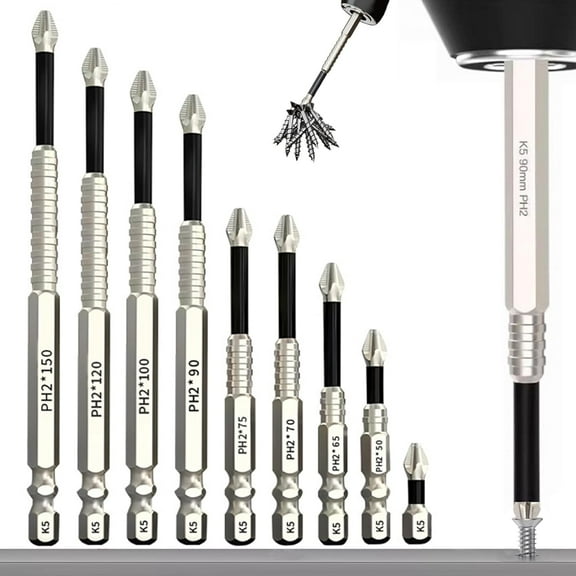 High Magnetic Screwdriver Drill Bit Set, 9Pcs K5 Impact-Resistant and Non-Slip Bit, Impact Driver Bit Set, Anti Slip Strong Magnetic Electric Screwdriver Set, 25/50/65/70/75/90/100/120/150mm