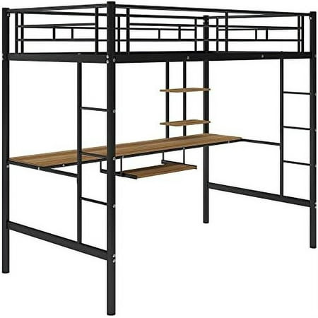 High Metal Loft Bed With Desk, Keyboard And Shelves Loft Bed Frame Storage Loft For Juniors&Adult