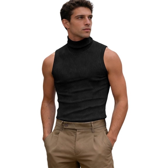 High Neck Ribbed Tank Top Men Sleeveless Muscle Tee Solid Color Striped Gym Slim Fit Clubwear Base Layer