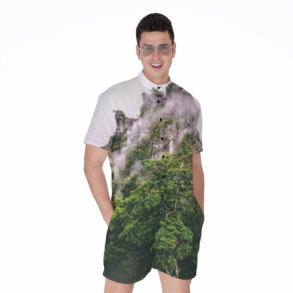 High Mountain Short Sleeve Men'S Rompers, Mountain Casual Summer Jumpsuits Outfit