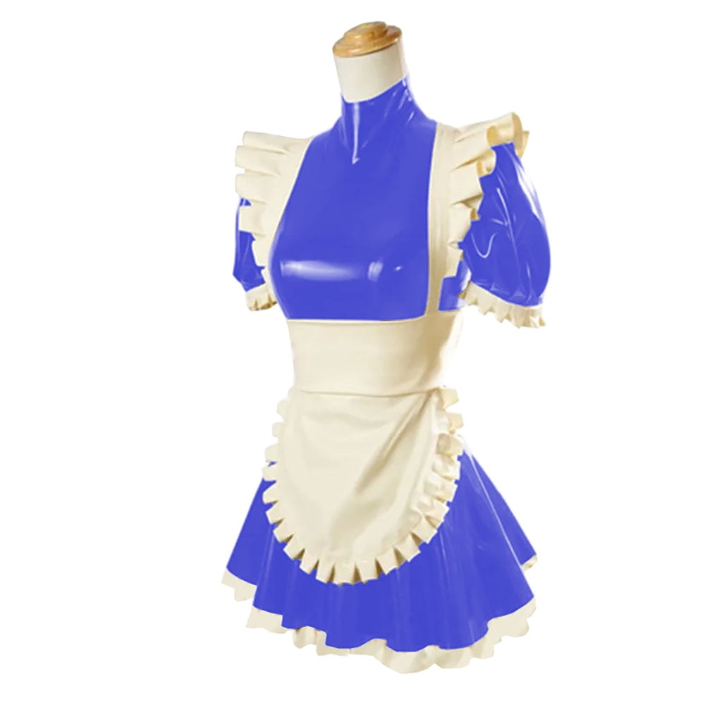 High Neck Apron Maid Dress Vinyl PVC Leather Short Sleeve Maid Uniforms ...