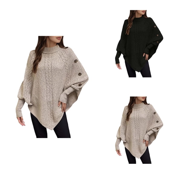 High Neck Button Batwing Sleeve Knit Pullover Sweater For Autumn And Winter Fashion