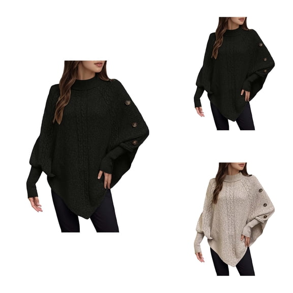 High Neck Button Batwing Sleeve Knit Pullover Sweater For Autumn And Winter Fashion