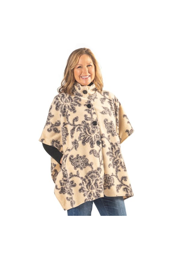 High Neck Button Cape with Floral Pattern