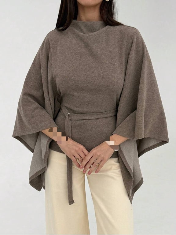 High Neck Cape Blouse with Wide Sleeves and Belted Waist