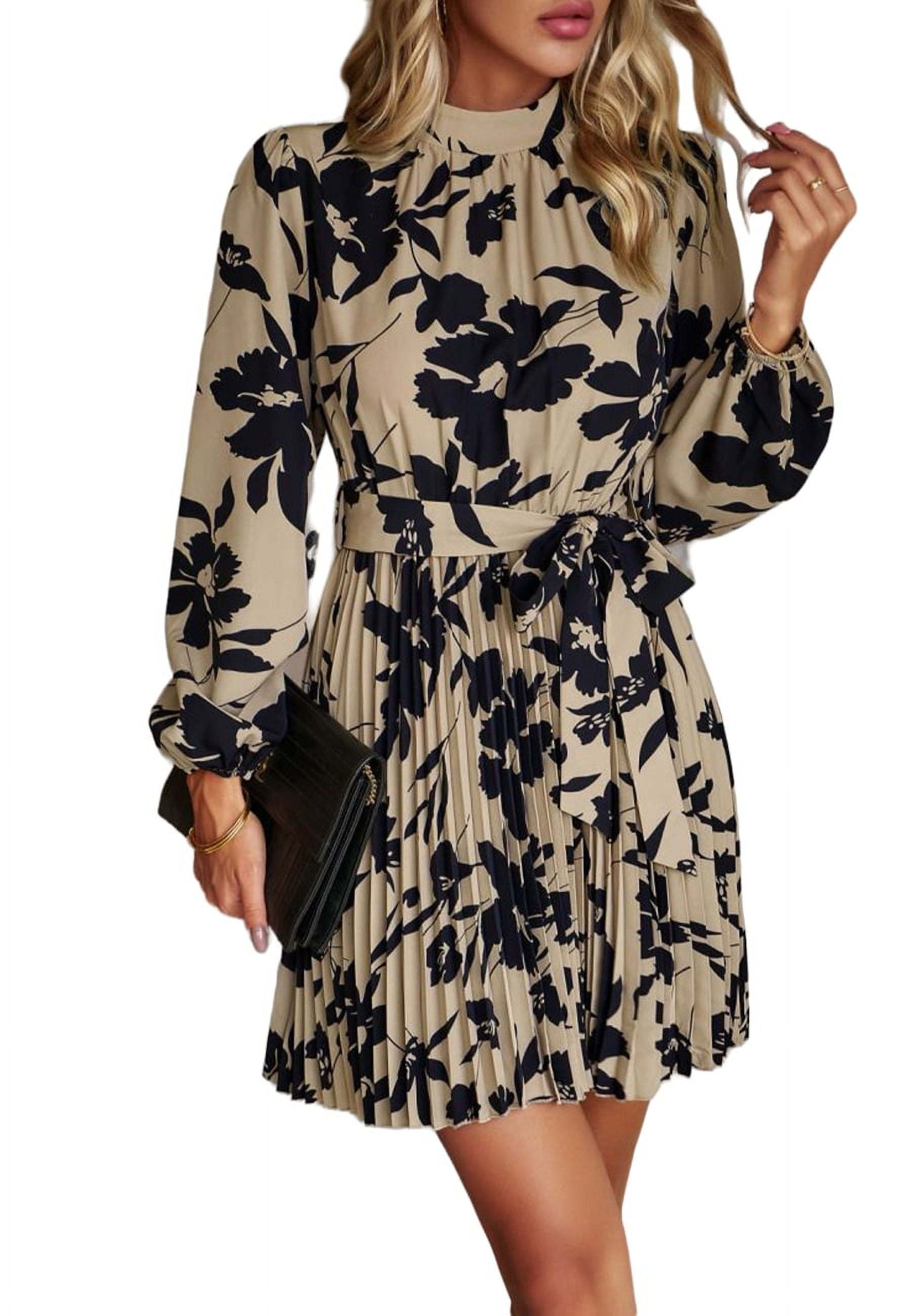 High Neck Floral Print Pleated Dress for Women Above Knee Length - Main Image