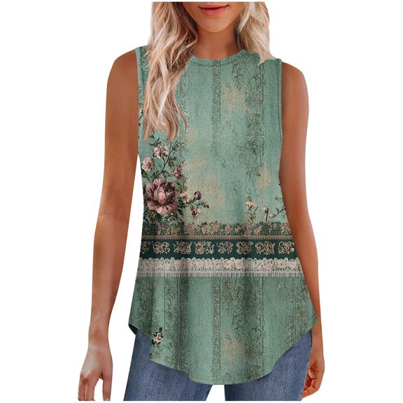 High Neck Floral Tank Tops for Women Boho Tunic Shirts Sleeveless Blouses 2025 Dressy Casual Summer Camisole Loose Fit Singlets with Flowy Hem Y2K