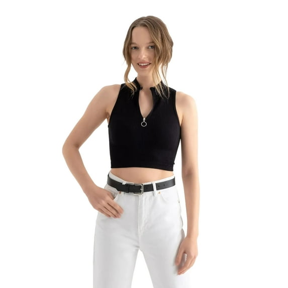 High Neck Half Zip Sleeveless Basic Crop Top
