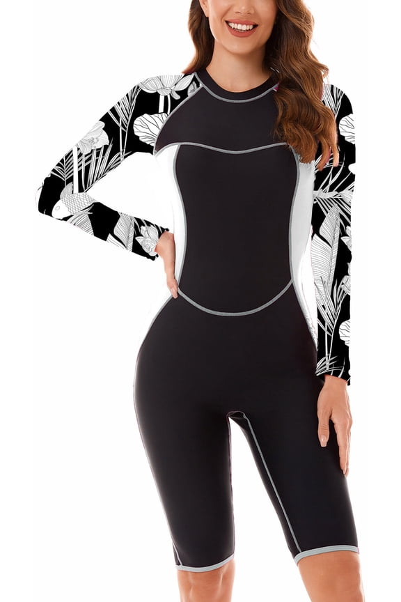 High Neck Knee Length Bathing Suits for Women Long Sleeve Printed Rashguard Lady Sun Protection One Piece Swimsuit Zip Back Athletic Surfing Swimwear UPF 50+