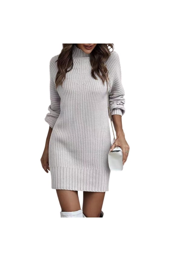 High Neck Knit Dress, Long Sleeve Chunky Sweater Dress, Oversized Comfort for Fall & Winter, Perfect for Lounging, Travel & Errands White L